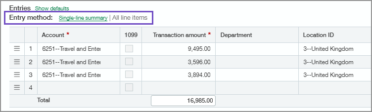 Sage Intacct 2026 R2 AP Automation - toggle between line-level detail and a single-line summary