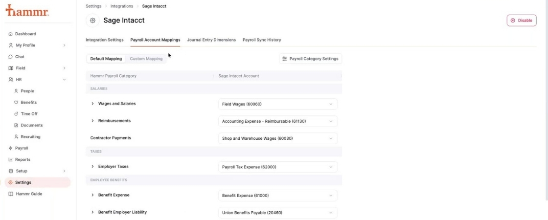 Connect Hammr with Sage Intacct Construction to automate construction payroll, compliance, and job costing.