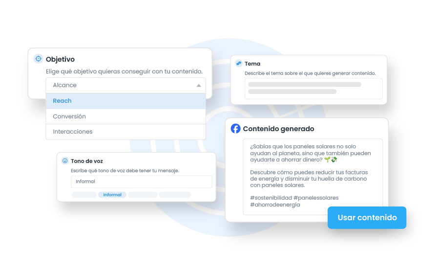 Generador de contenido AI para textos rápidos y efectivos en redes sociales.