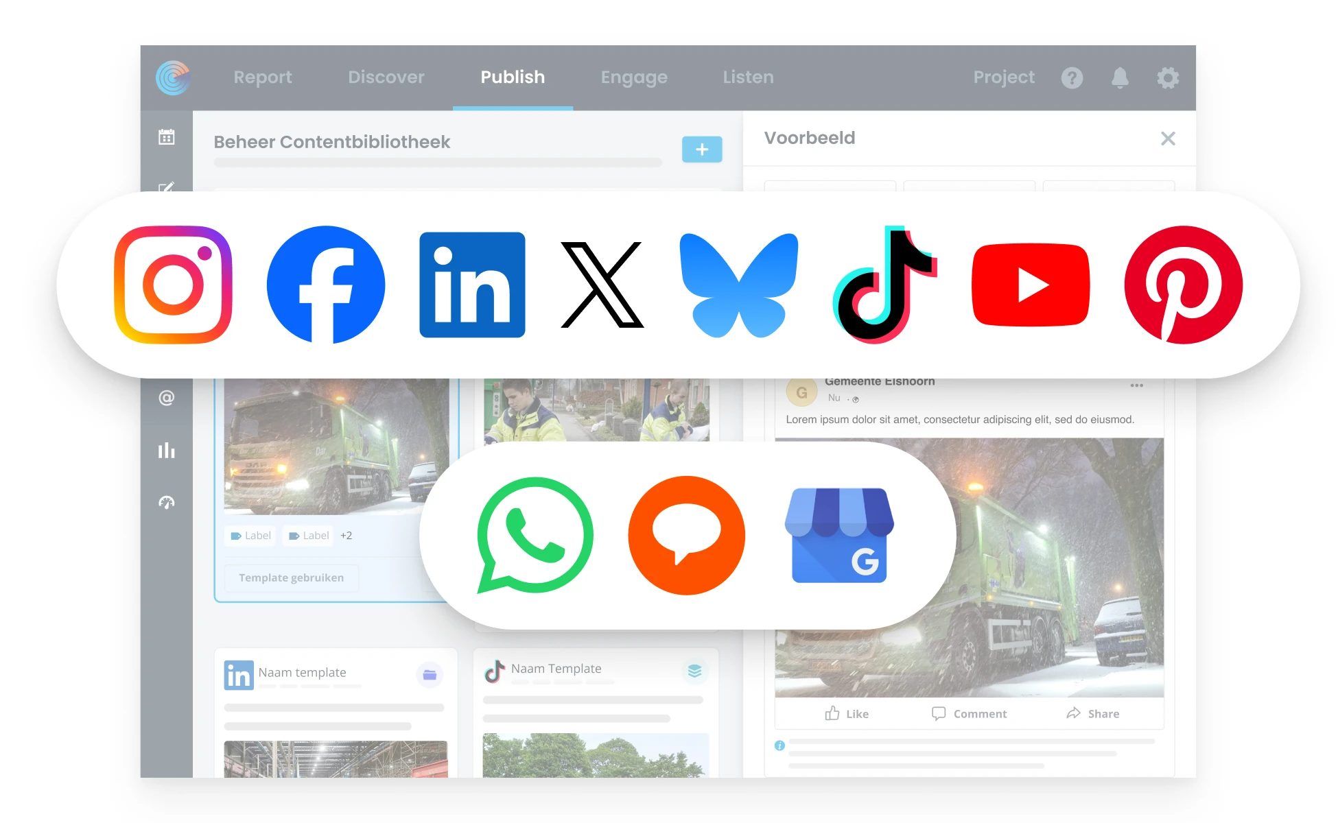 Contentbibliotheek in Coosto Publish met de koppelbare socialmedia- en klantcontactkanalen