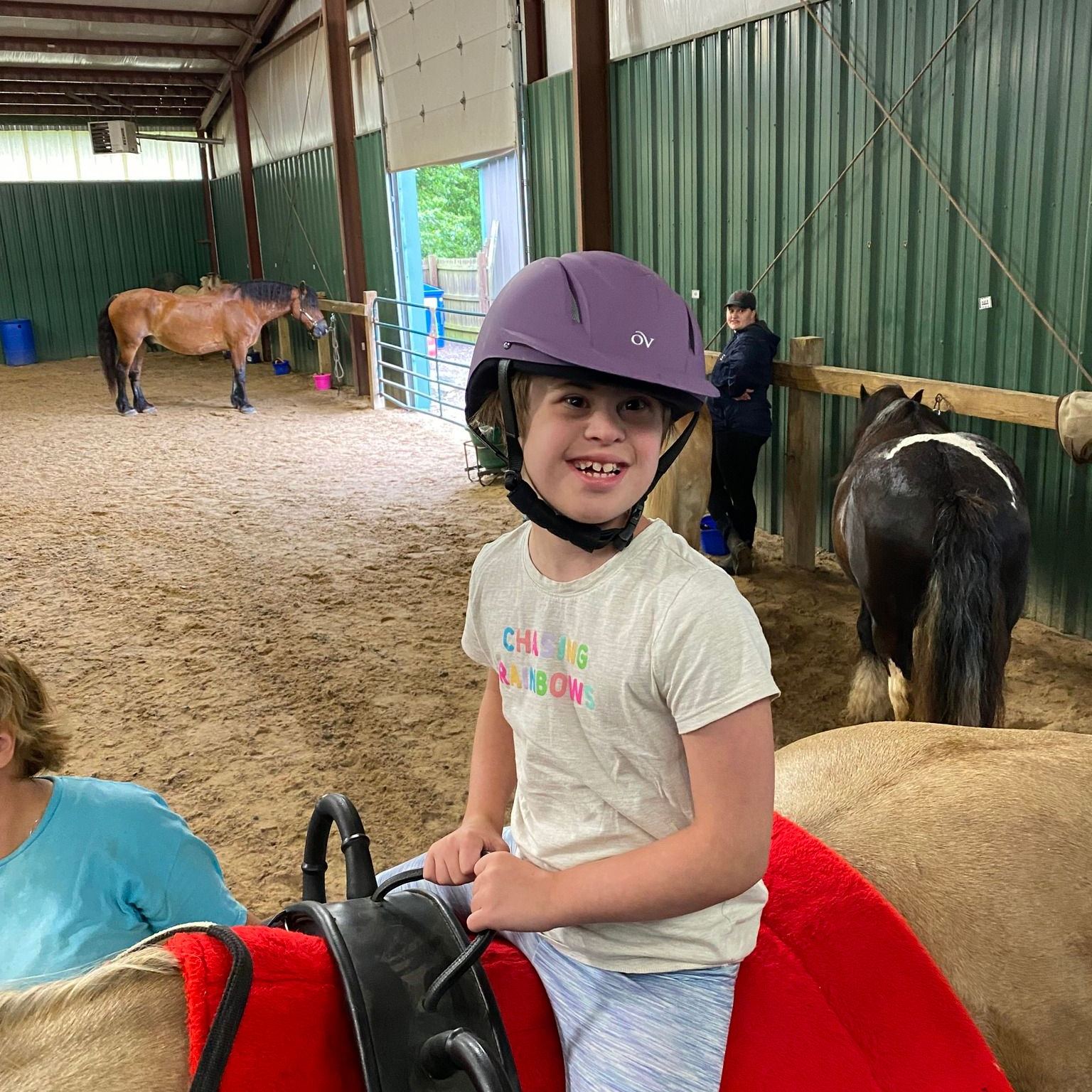 Child riding a therapy horse at Equine-Assisted Therapy in St. Louis, Missouri.
