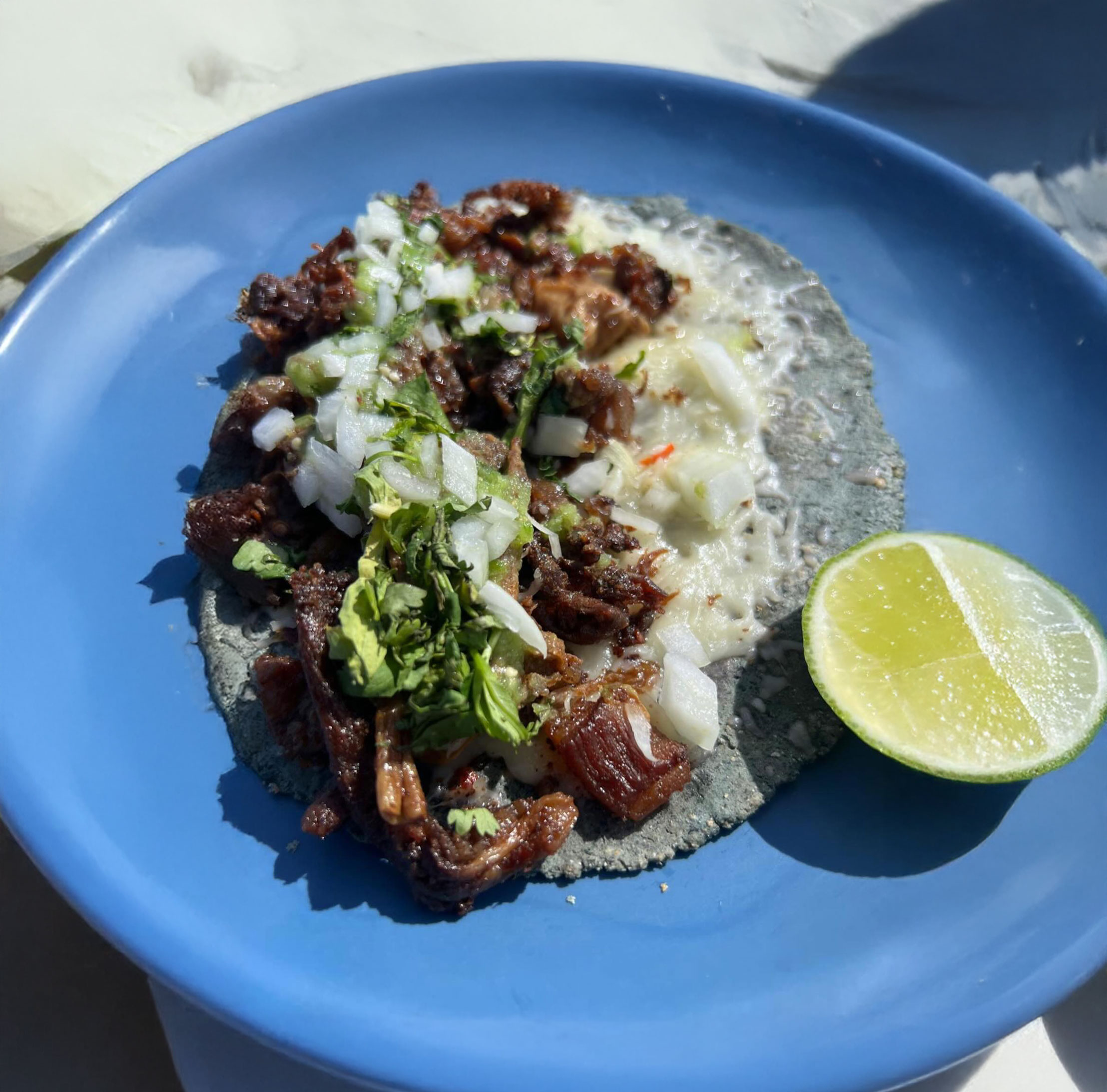 A taco on a blue plate with blue corn tortilla, topped with grilled meat, onions, cilantro, and melted cheese. A lime wedge sits beside it.