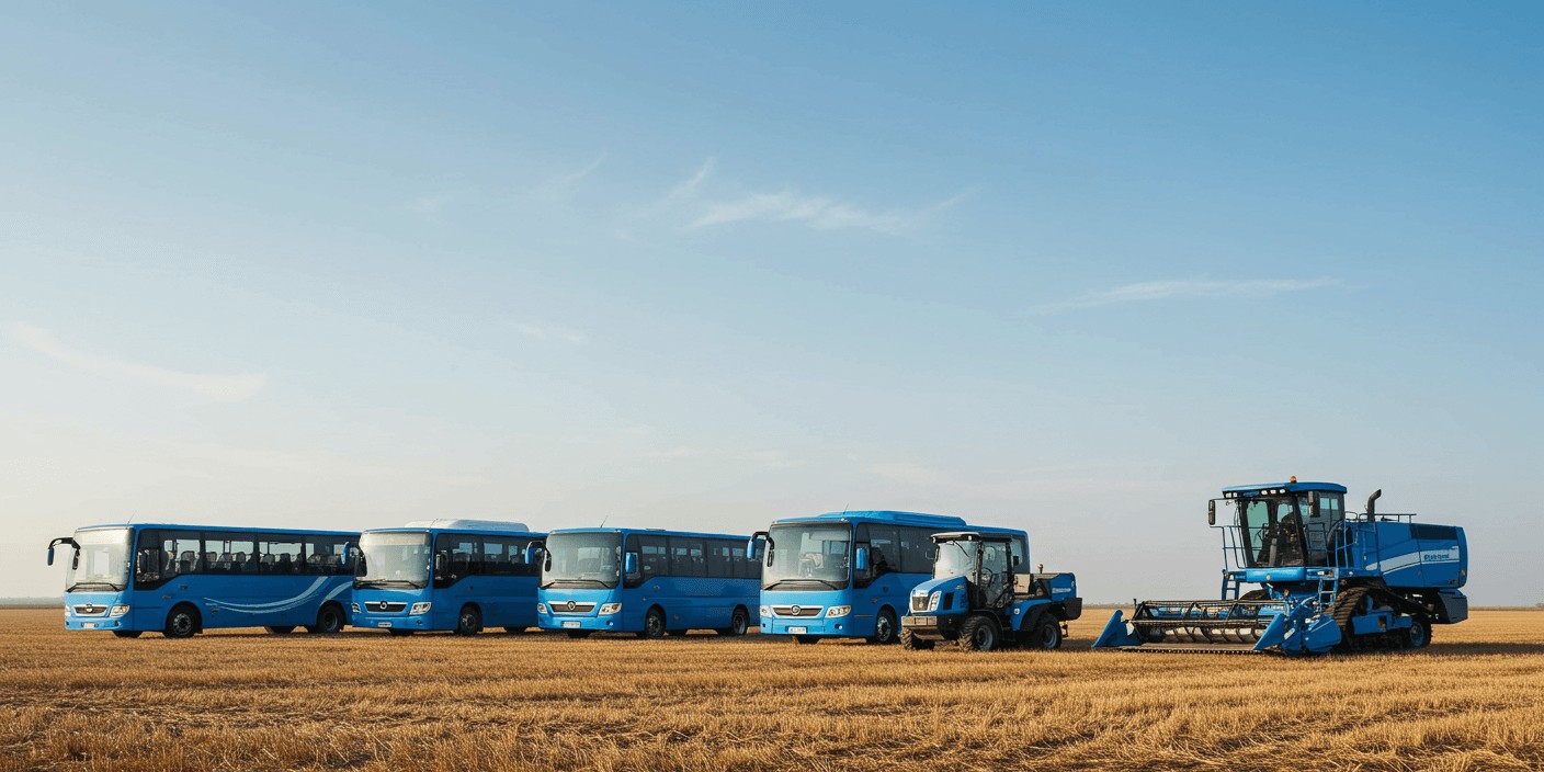 Buses y maquinaria agrícola de novamotors en un campo abierto, de día, con un cielo azul despejado