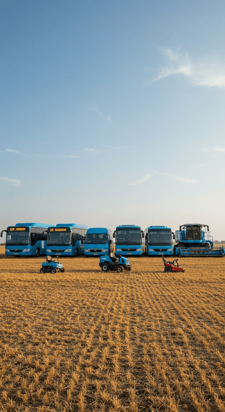 Buses y maquinaria agrícola de novamotors en un campo abierto, de día, con un cielo azul despejado