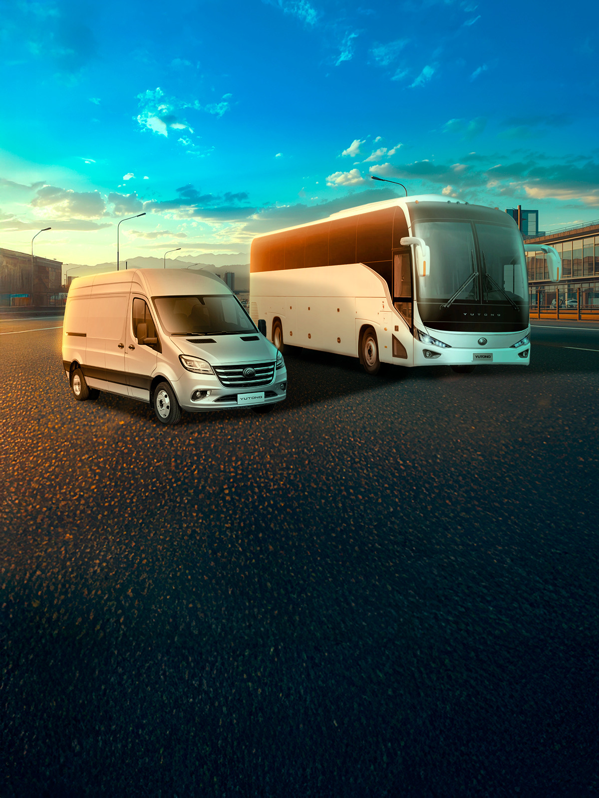 Un bus y una van Yutong en la ciudad