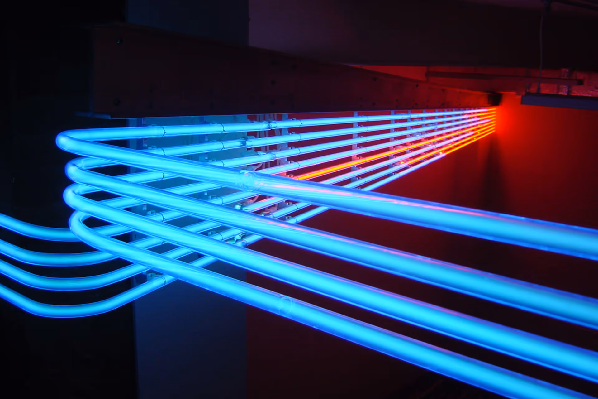 Blue and red neon lines move towards the viewer showing a piece of the art work called Pipe Dream