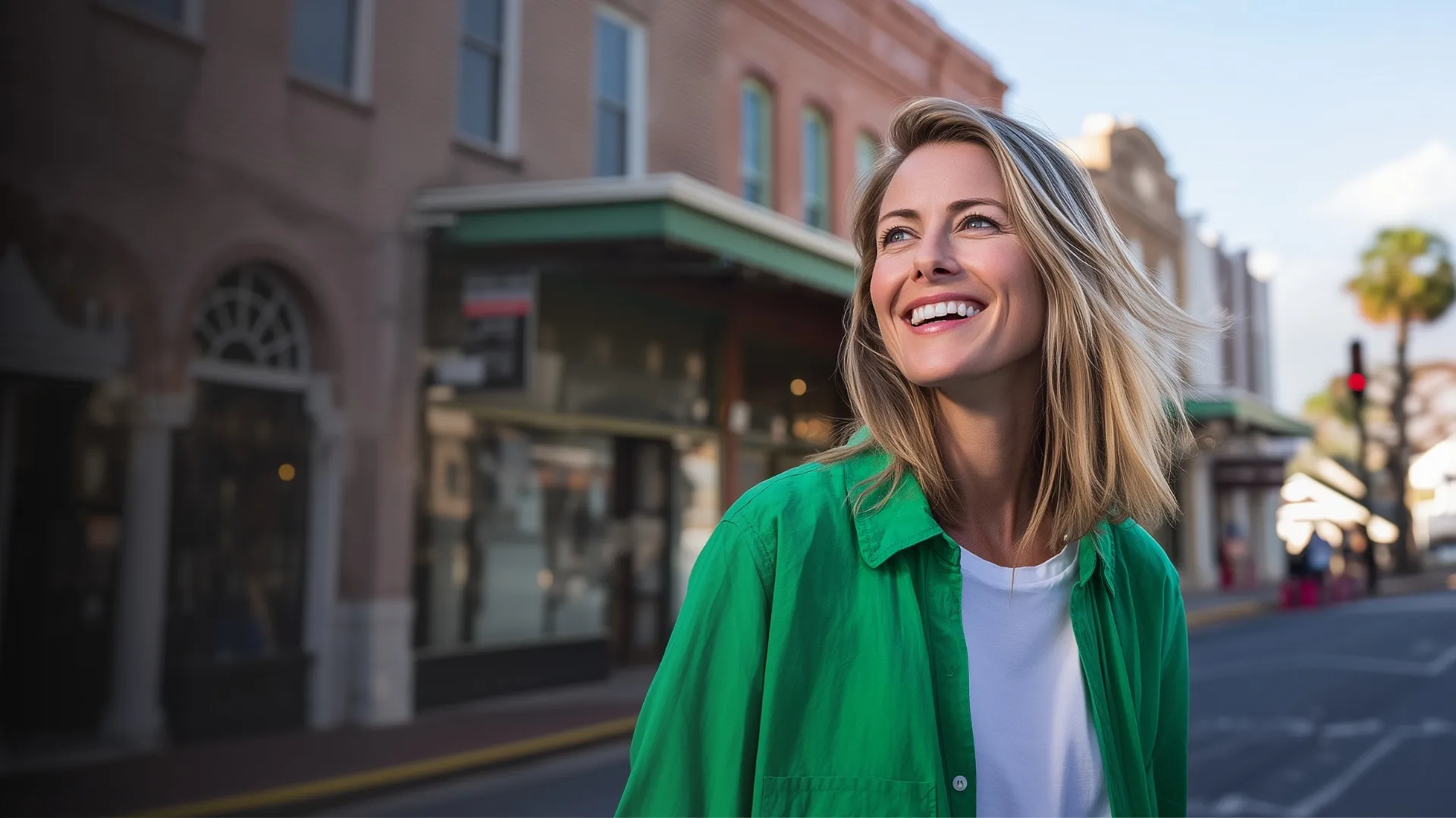 Smiling blonde woman wearing a green shirt and white t-shirt standing on a city street with brick buildings in the background.