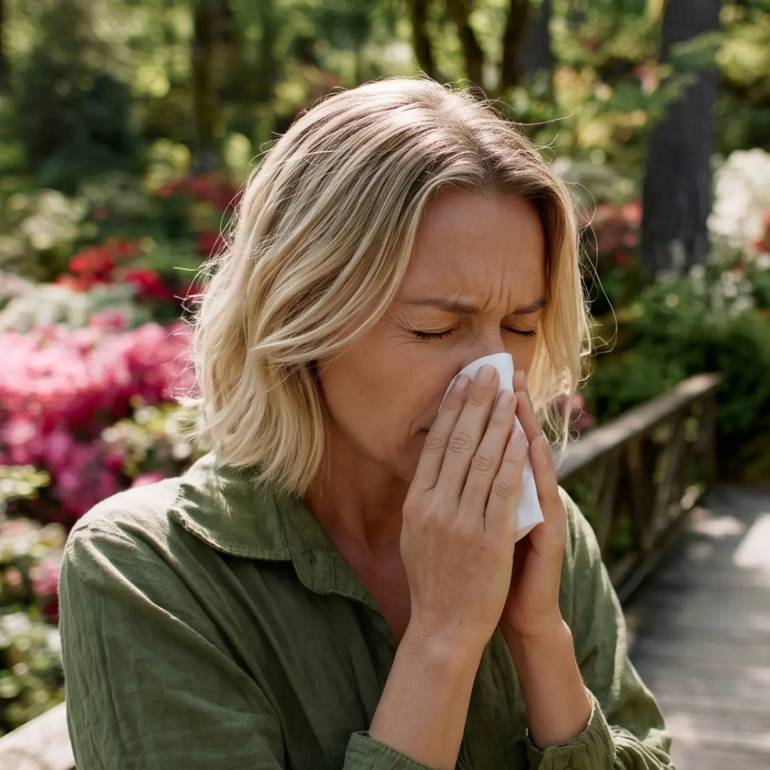 Woman outdoors with short blonde hair and green shirt blowing her nose into a tissue, eyes closed and brow furrowed, surrounded by greenery and colorful flowers.