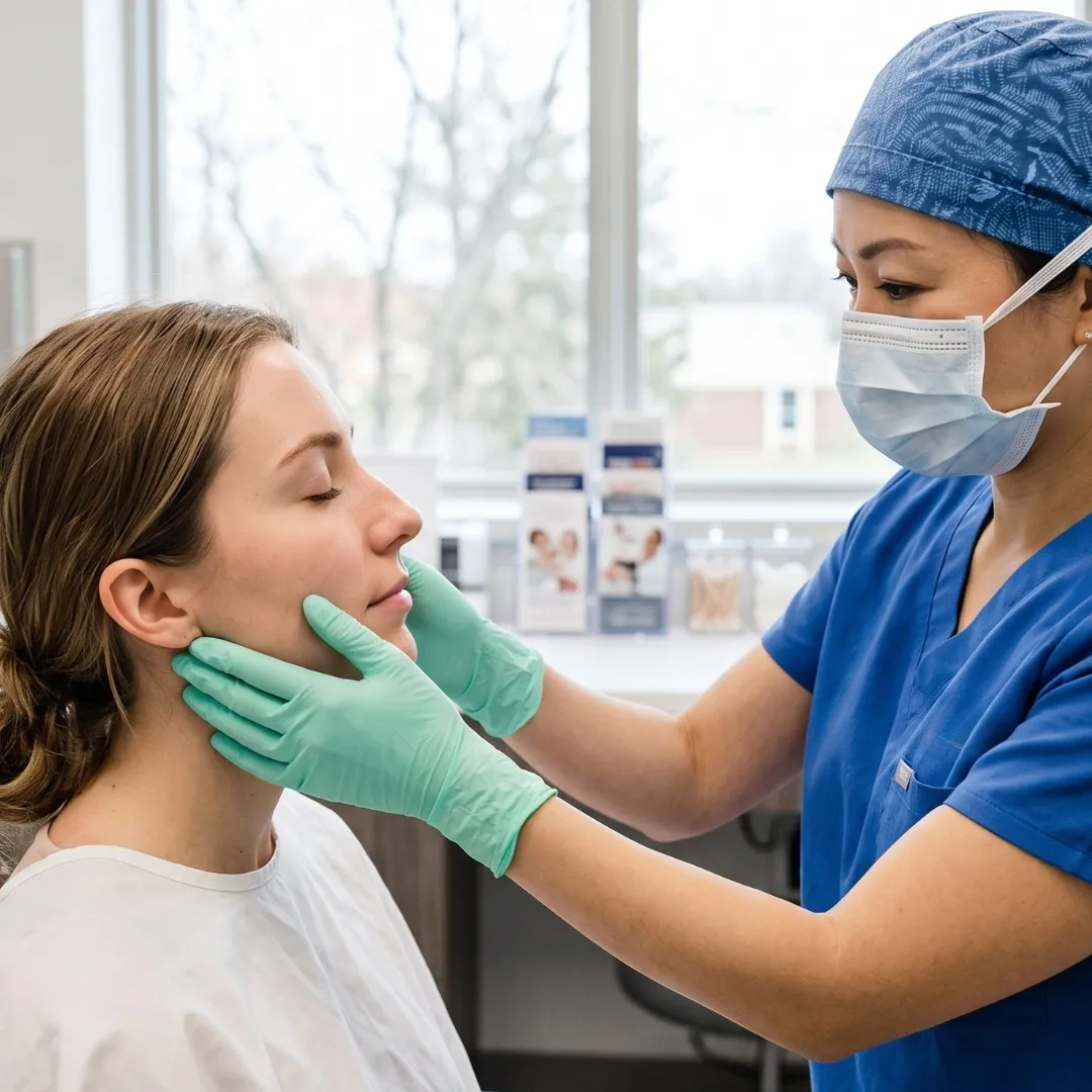 Healthcare professional wearing a blue scrub cap, face mask, and green gloves examining a seated patient's face with closed eyes in a medical office.