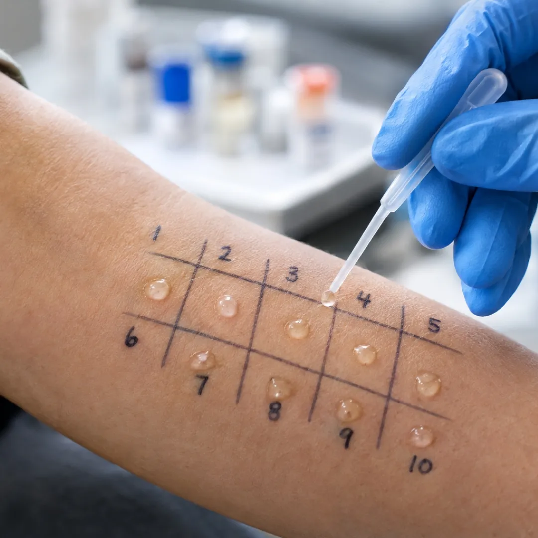 Arm with a grid numbered 1 to 10 drawn on the skin holding small drops of liquid, while a gloved hand uses a dropper to place liquid on the area marked 4, illustrating an allergy skin test.