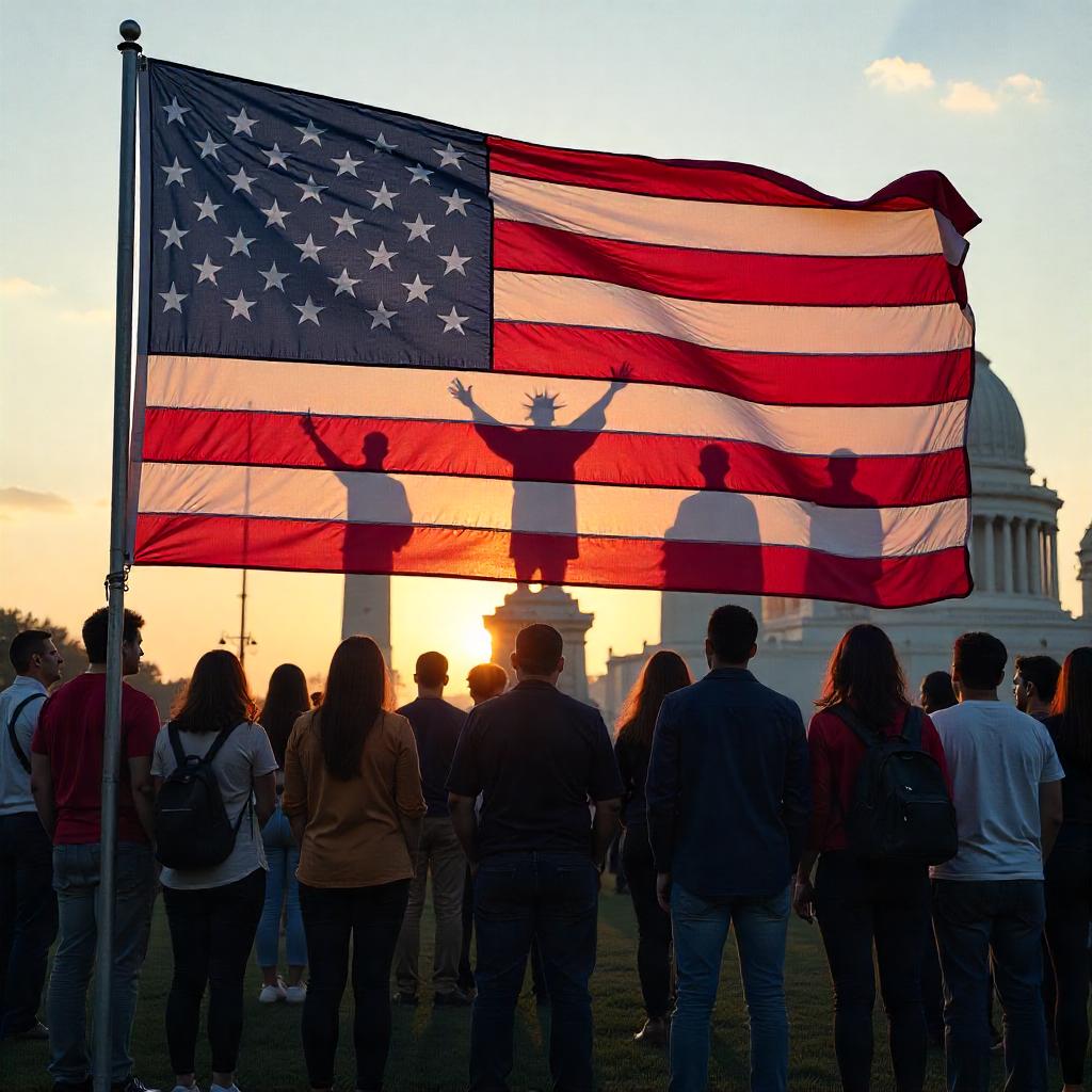 A group of people standing in front of a flag.