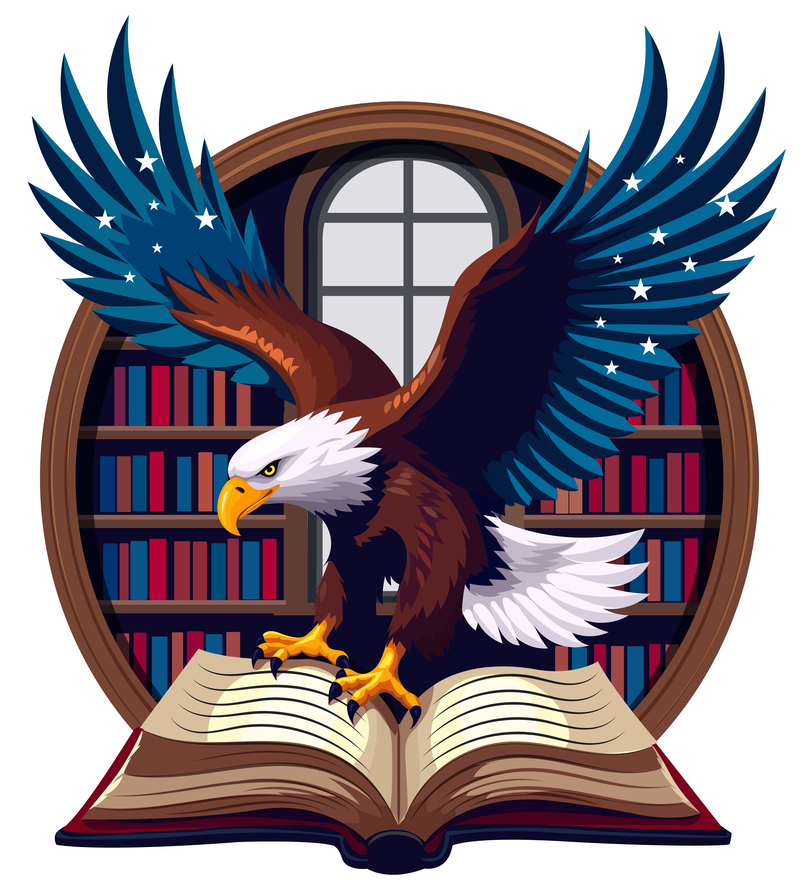 An eagle flying over an open book in front of a window.