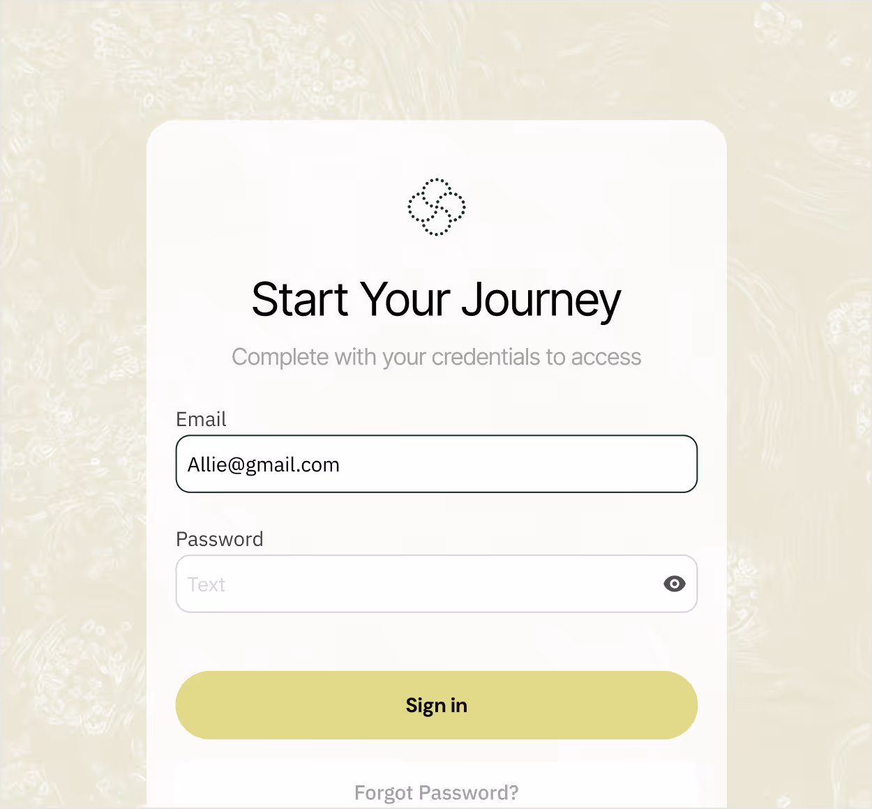 Login screen with email and password fields over a soft abstract background.