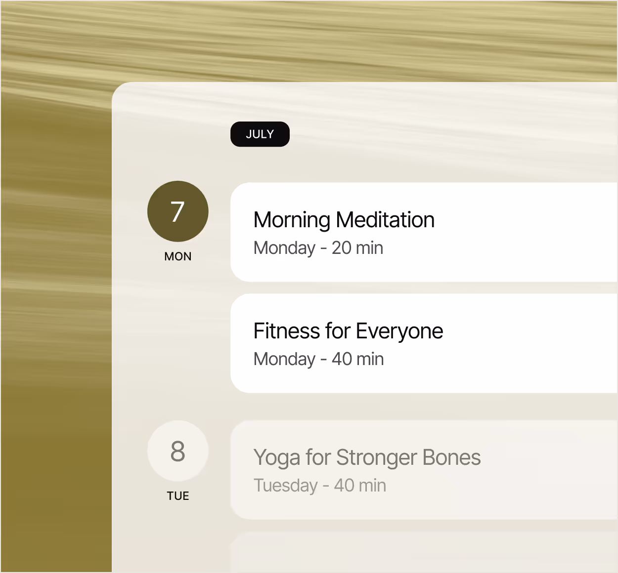 Wellness app schedule showing meditation, fitness, and yoga sessions.