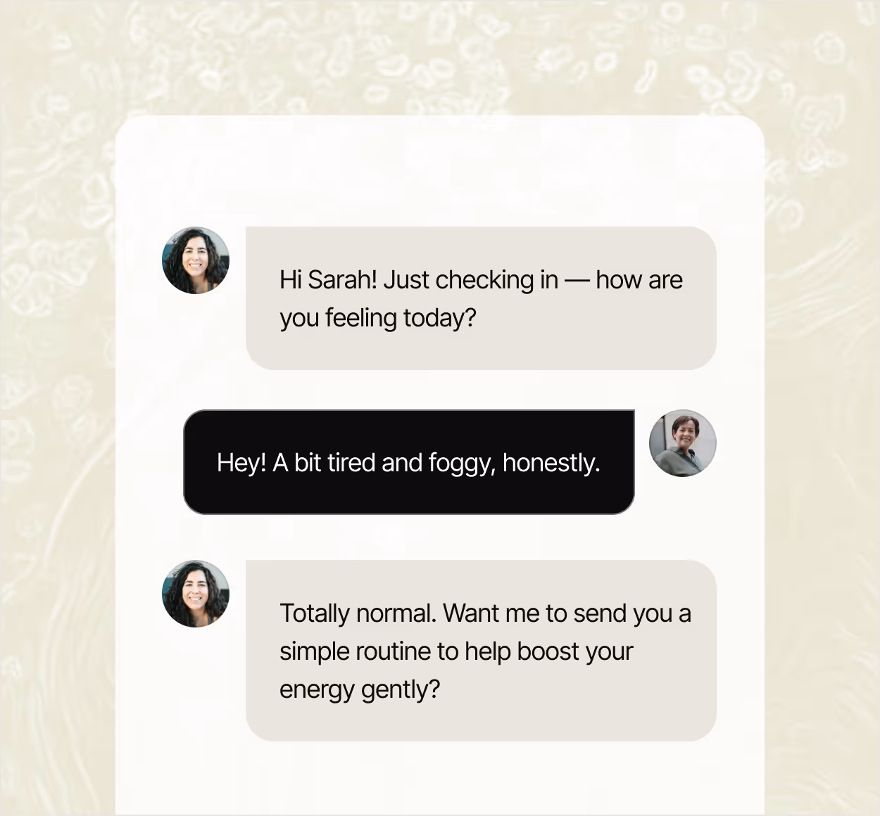 Chat interface showing wellness coach checking in with user about their energy levels.