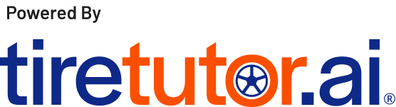Logo of TireTutor.ai with the tagline "Powered By" above. Features a blue and orange color scheme.