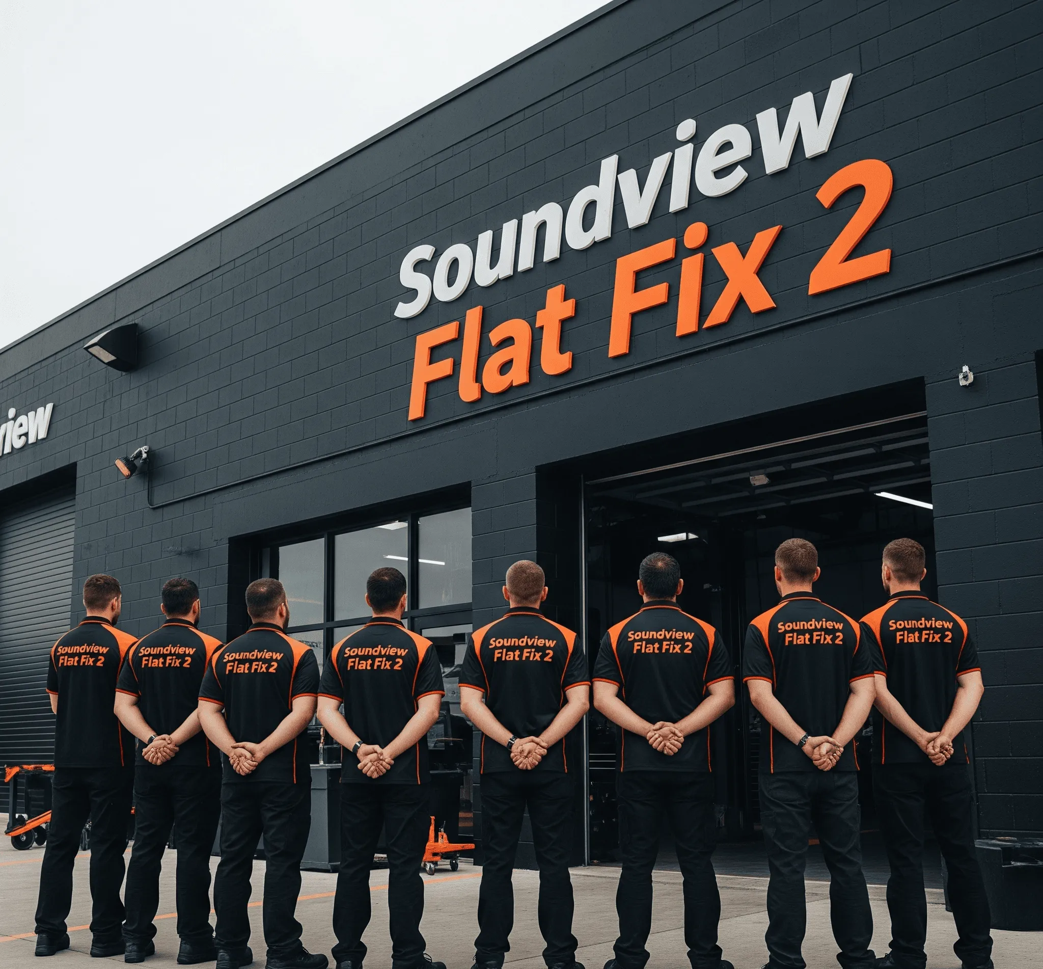 A team of workers in matching shirts stand outside a building with "Soundview Flat Fix 2" signage.