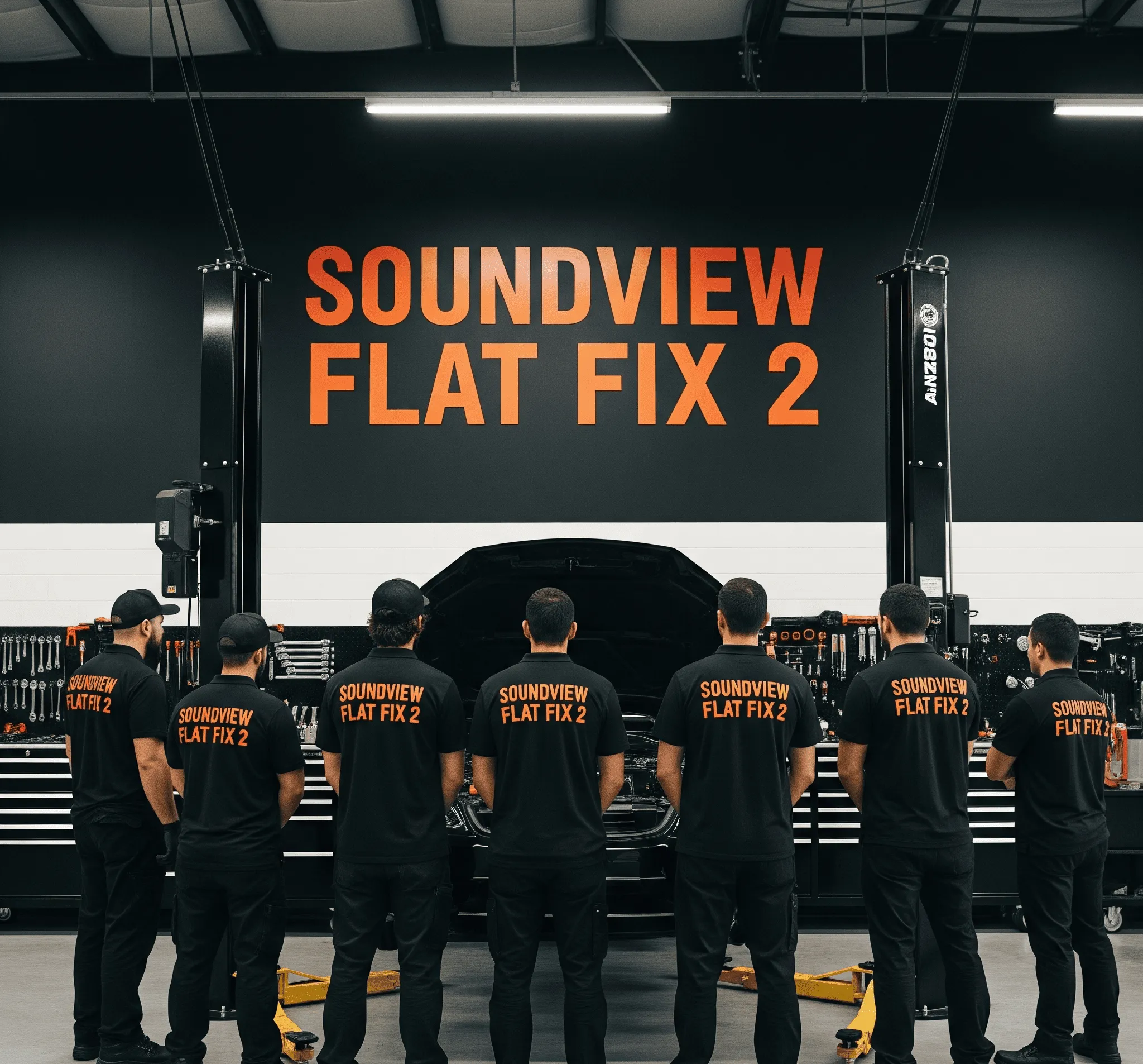 A team of mechanics in matching shirts stands before a car lift, with "SOUNDVIEW FLAT FIX 2" displayed prominently on the wall.