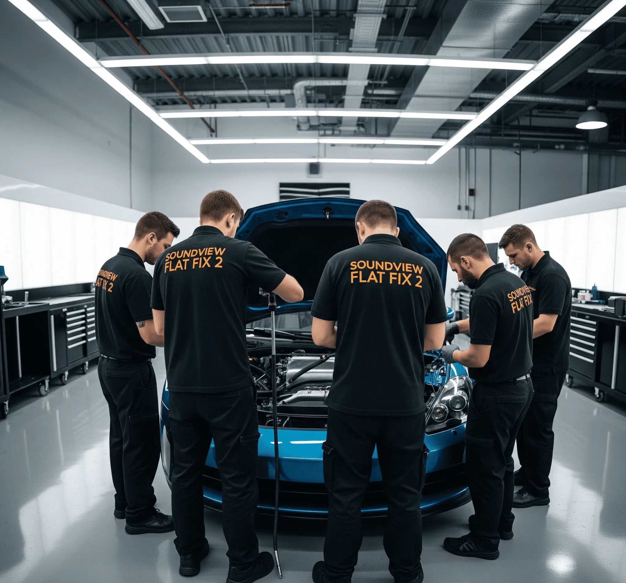 Five mechanics in matching black shirts work on a blue car engine in a modern workshop.