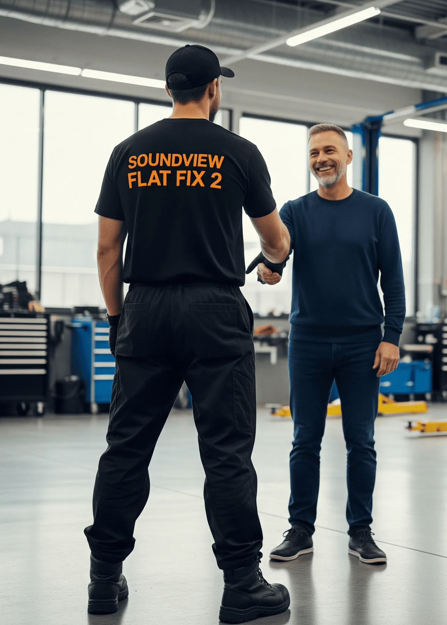 Two men shake hands in a workshop; one wears a black shirt with "SOUNDVIEW FLAT FIX 2" printed on the back.