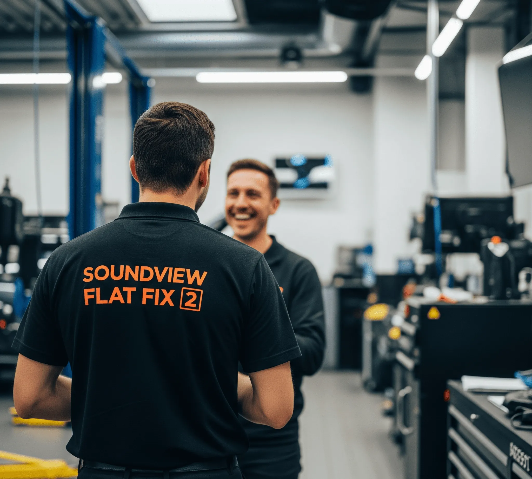 Two men in black polo shirts, smiling and engaging in conversation in a repair shop. "SOUNDVIEW FLAT FIX 2" logo visible.