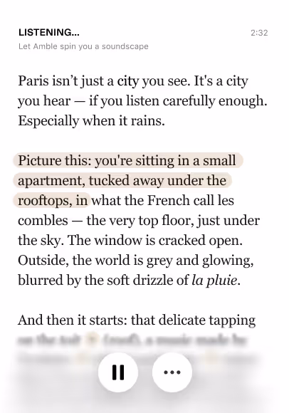 Text describing a Paris soundscape in the rain, mentioning sitting in a small rooftop apartment with a cracked window and a view of a gray, rain-blurred city.