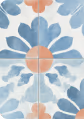Close-up of a blue and white ceramic tile with a floral pattern and an orange circle at the center.