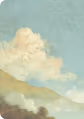 Landscape painting of mountains under a sky with fluffy clouds.