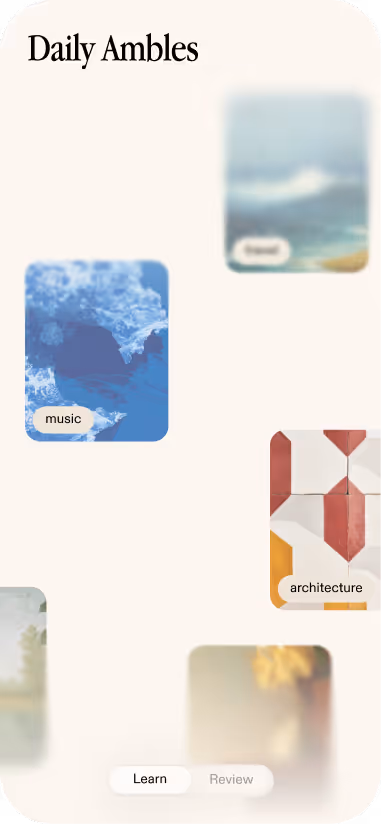 Mobile screen showing 'Daily Ambles' with blurred images labeled music, travel, and architecture, and buttons labeled Learn and Review.