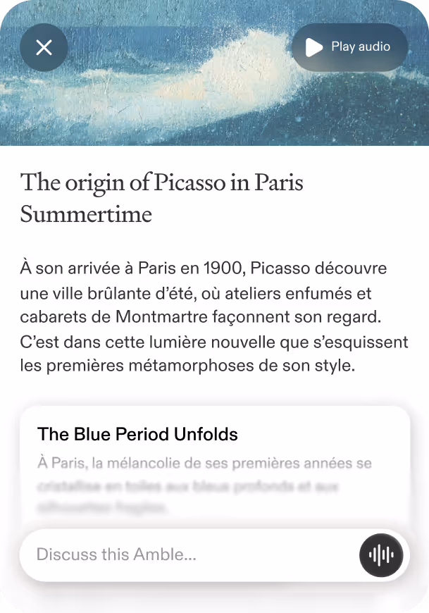 Interface showing a digital article card titled 'The origin of Picasso in Paris Summertime' with a French description about Yves Saint Laurent's fashion legacy, options to play audio and discuss the article.