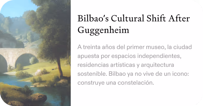 Landscape with a stone bridge over a river beside a large tree, with text about Spain's transformation from concrete to carnival.