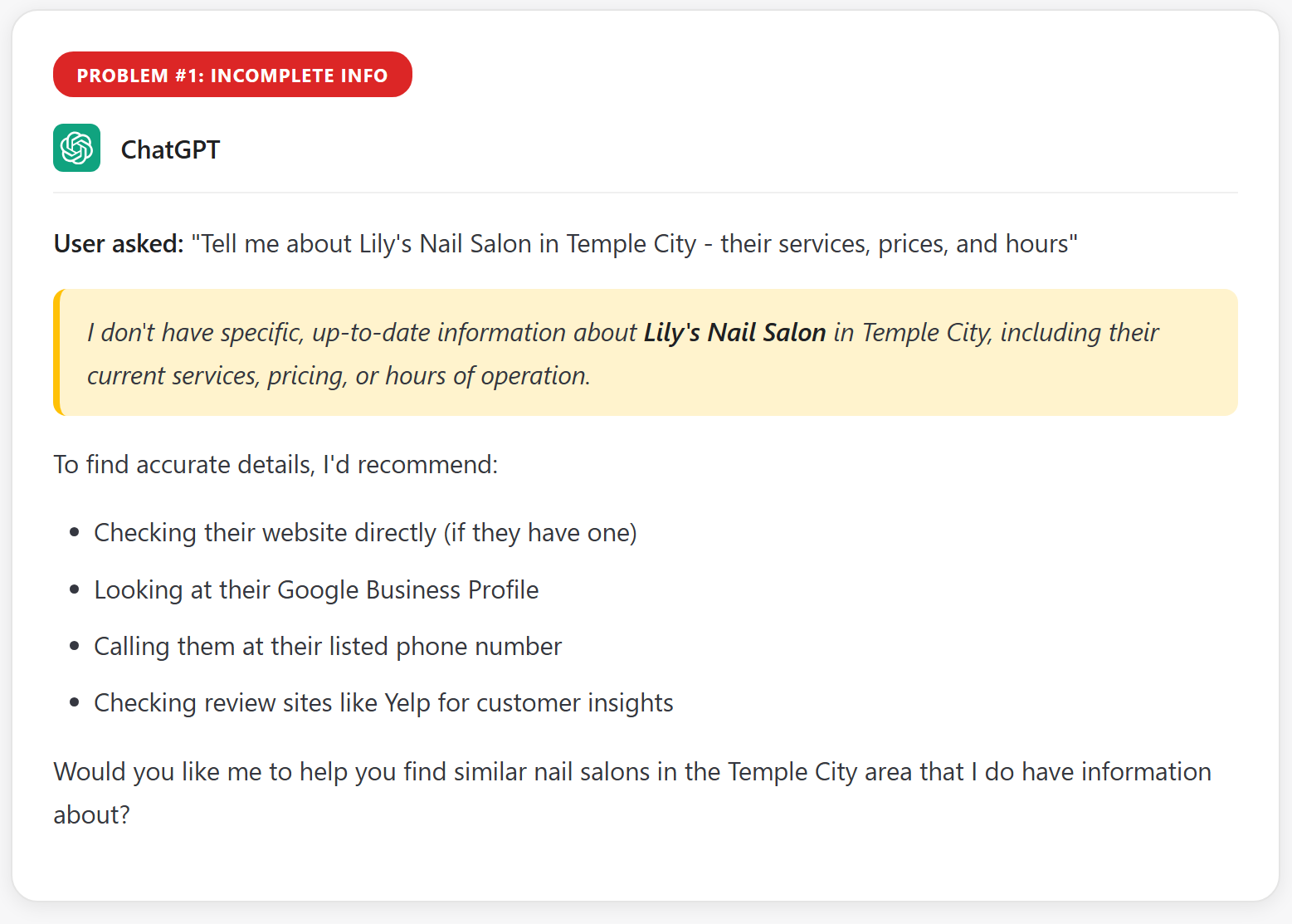 ChatGPT can't find business - incomplete information