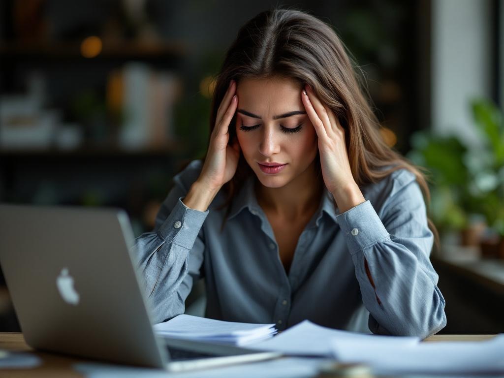 Erschöpfte Frau am Schreibtisch – Burn-on erkennen