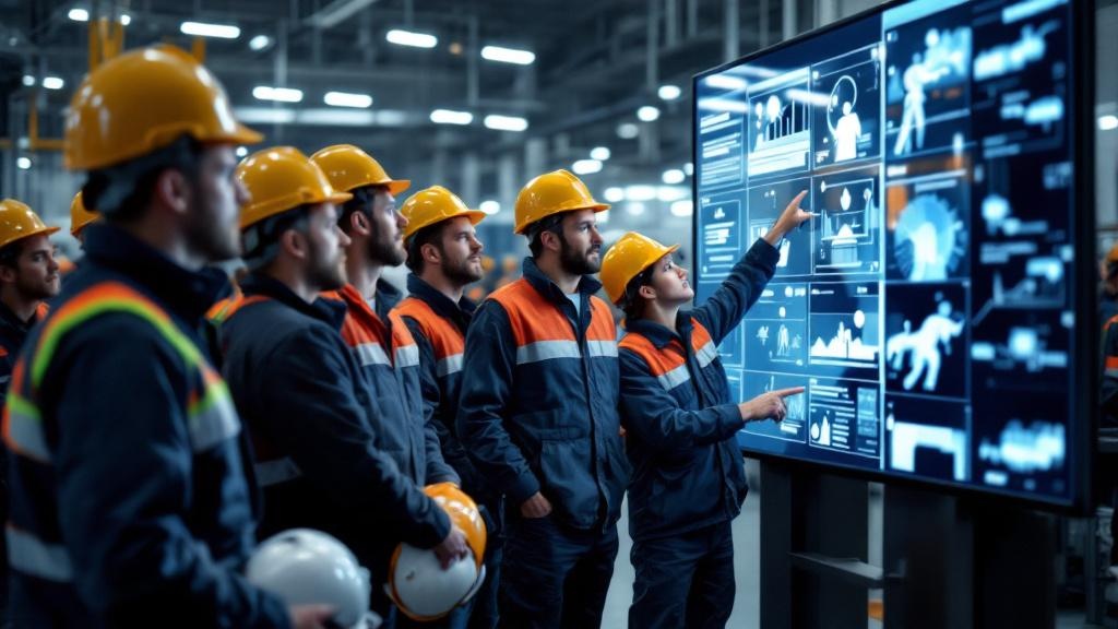 Beschäftigte mit Schutzhelmen bei einer Unterweisung vor einem digitalen Bildschirm