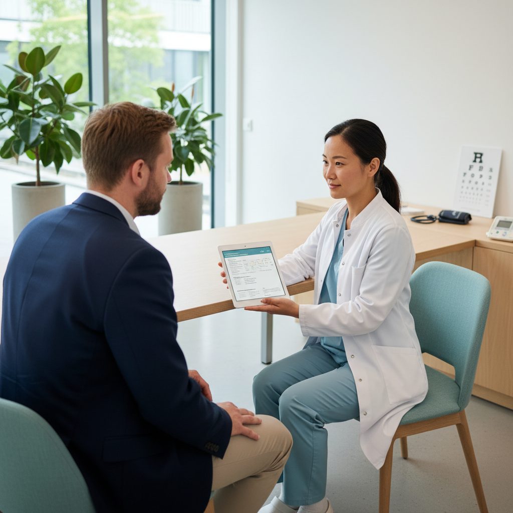 Betriebsärztin führt arbeitsmedizinische Vorsorgeuntersuchung nach ArbMedVV in moderner Praxis durch