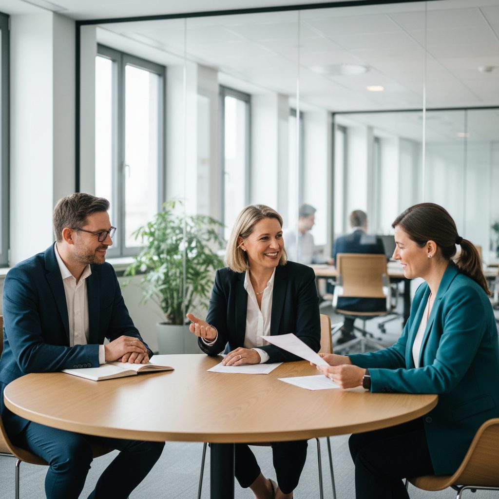 Vertrauensvolles BEM-Gespräch nach §167 SGB IX zwischen Beschäftigter, HR und Betriebsarzt