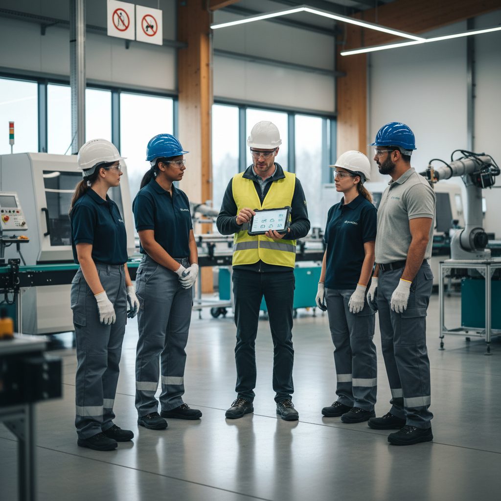 Sicherheitsbeauftragter führt Unterweisung nach §12 ArbSchG und DGUV Vorschrift 1 mit digitalem Nachweis durch