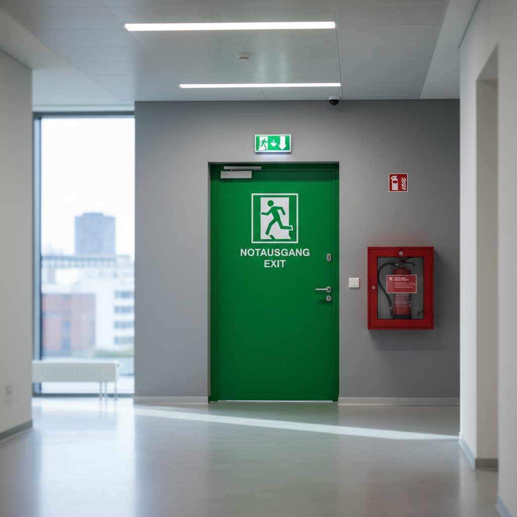 Gekennzeichnete Fluchttür mit Notausgang-Schild und Feuerlöscher in modernem Bürogebäude