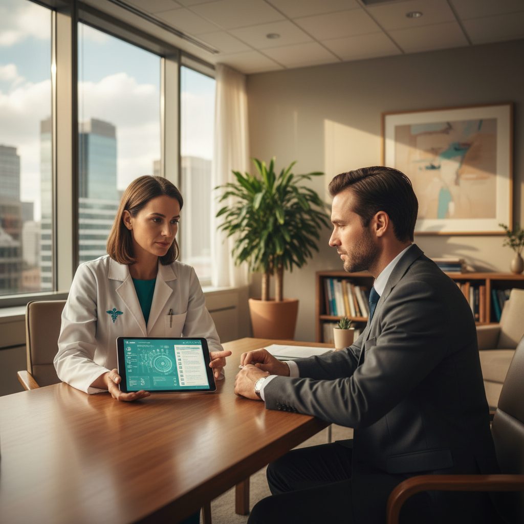 Betriebsarzt berät Geschäftsführer in modernem Büro