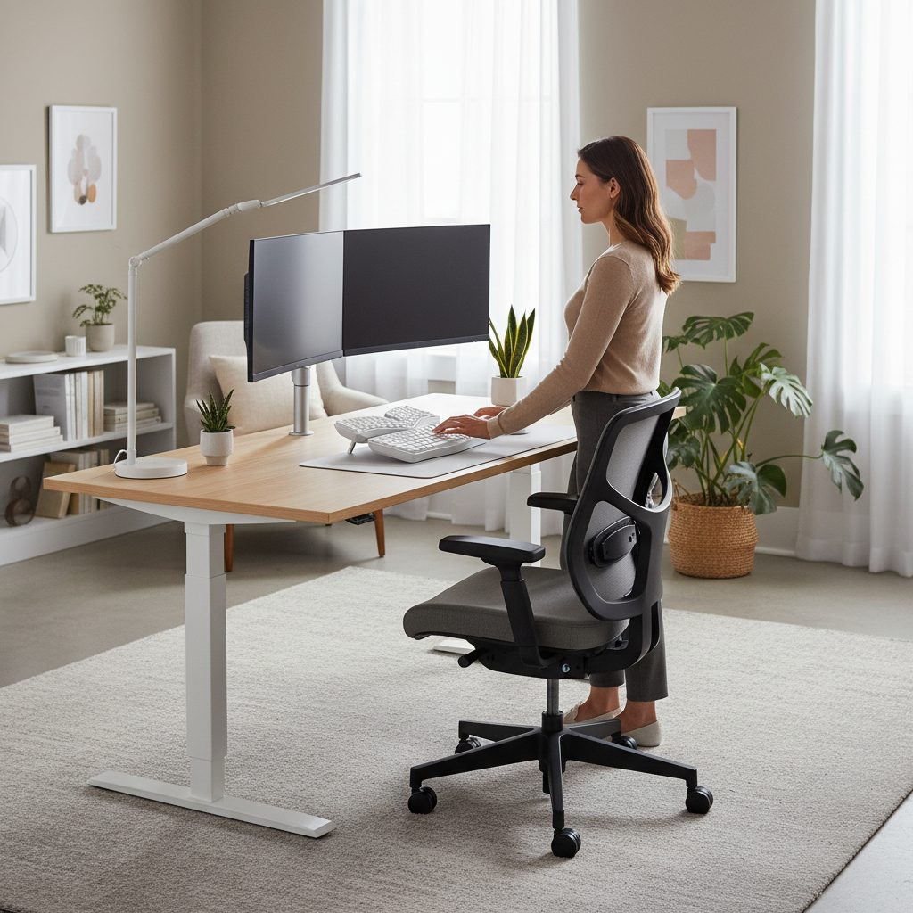 Modernes Homeoffice mit ergonomisch eingerichtetem Arbeitsplatz