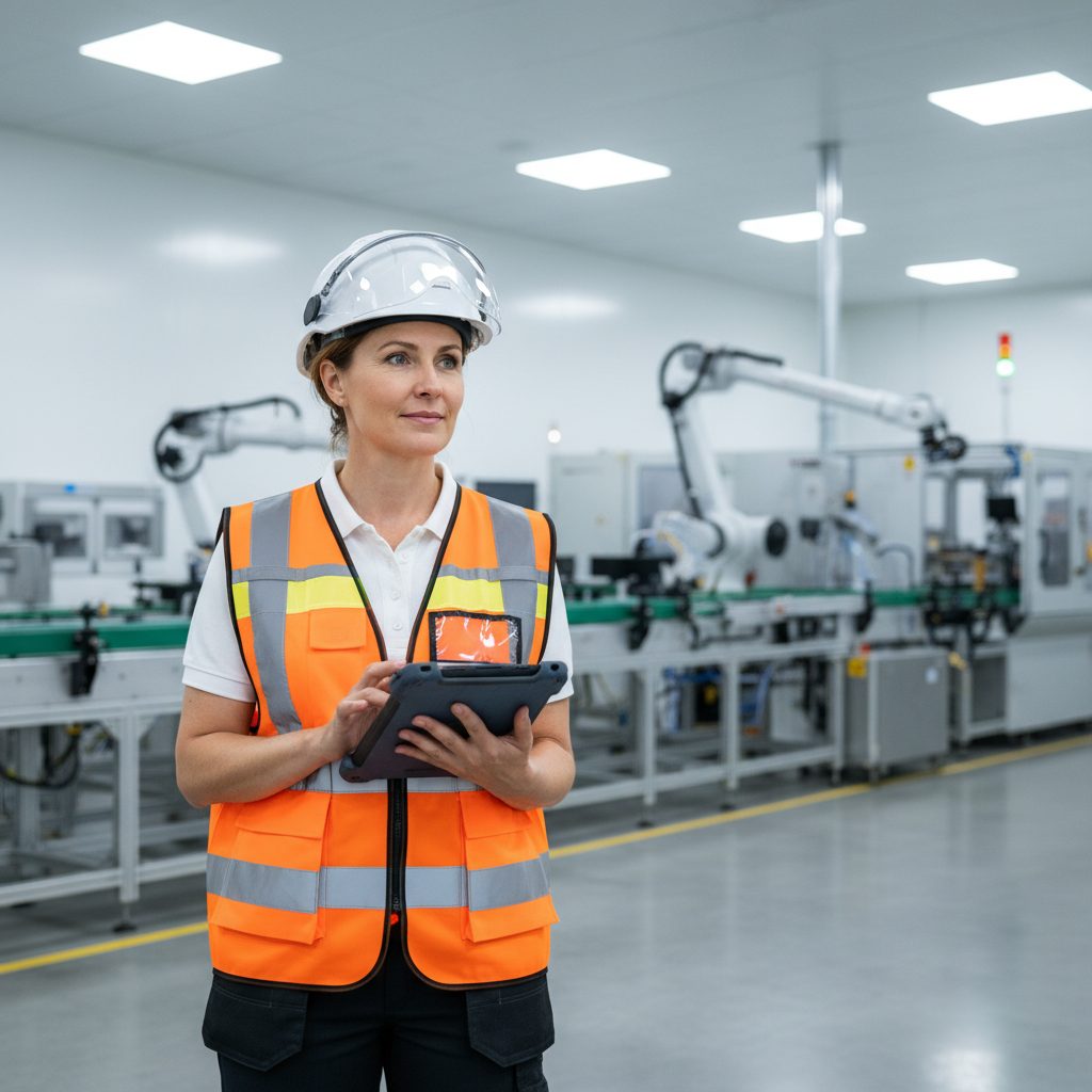 Fachkraft für Arbeitssicherheit mit Warnweste und Tablet bei Sicherheitsbegehung in modernem Betrieb