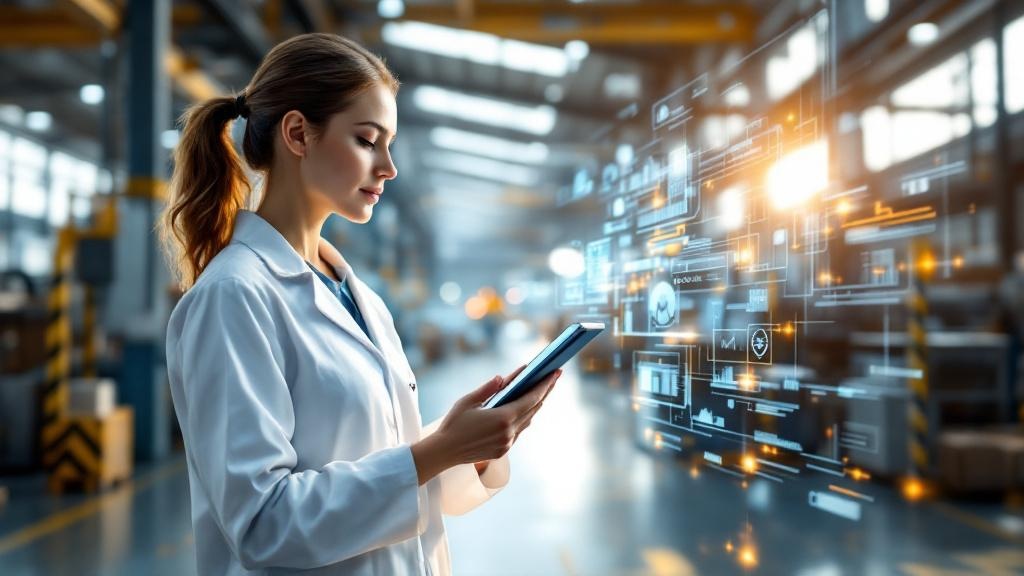 KI im Arbeitsschutz – Betriebsärztin mit KI-Dashboard in moderner Produktionshalle