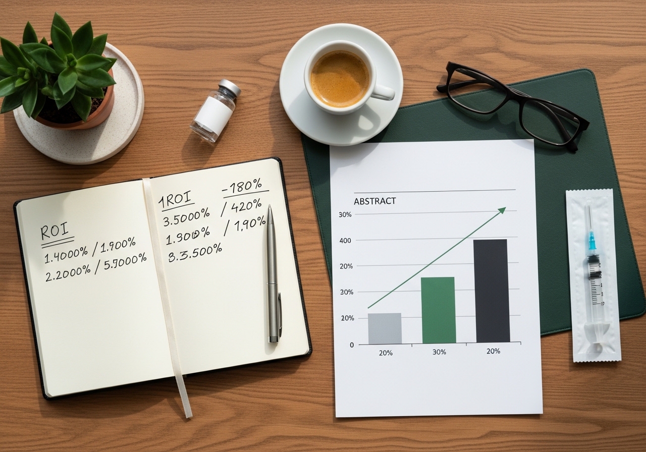 Flatlay Notizbuch mit ROI Kalkulation und Grippeimpfstoff - CompDocs