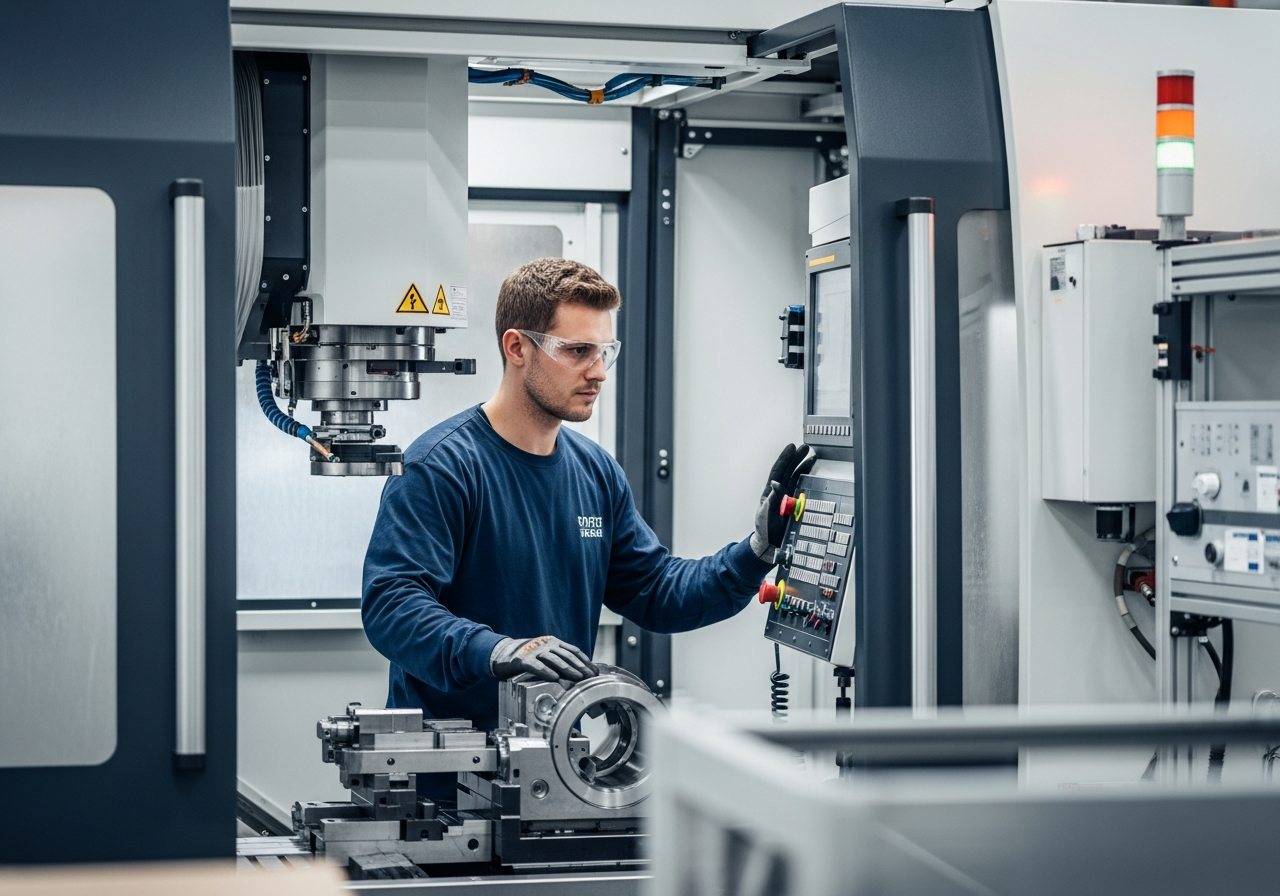 Automotive-Produktionshalle in Bochum mit Mitarbeitendem an CNC-Maschine