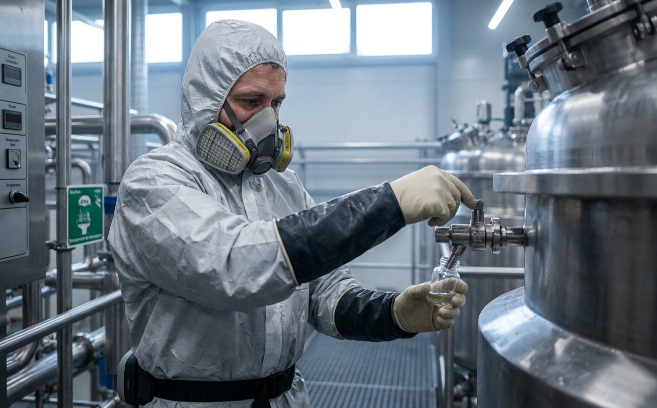 Chemikant in Vollschutzanzug Typ 3 mit Vollvisier-Atemschutz bei Probenahme an geschlossenem Reaktor in deutscher Chemieproduktion