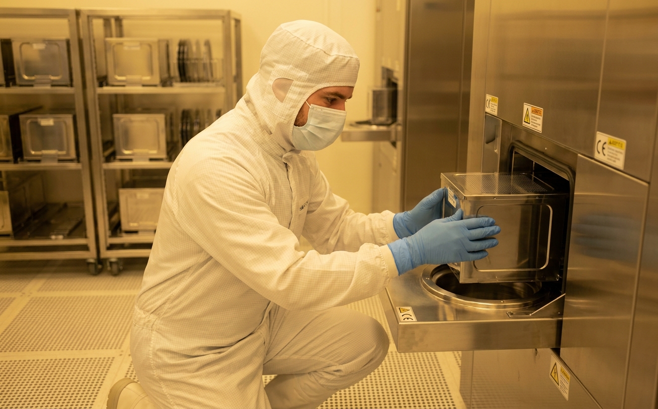 Halbleitertechniker im Reinraum bei Galliumarsenid-Wafer-Bearbeitung