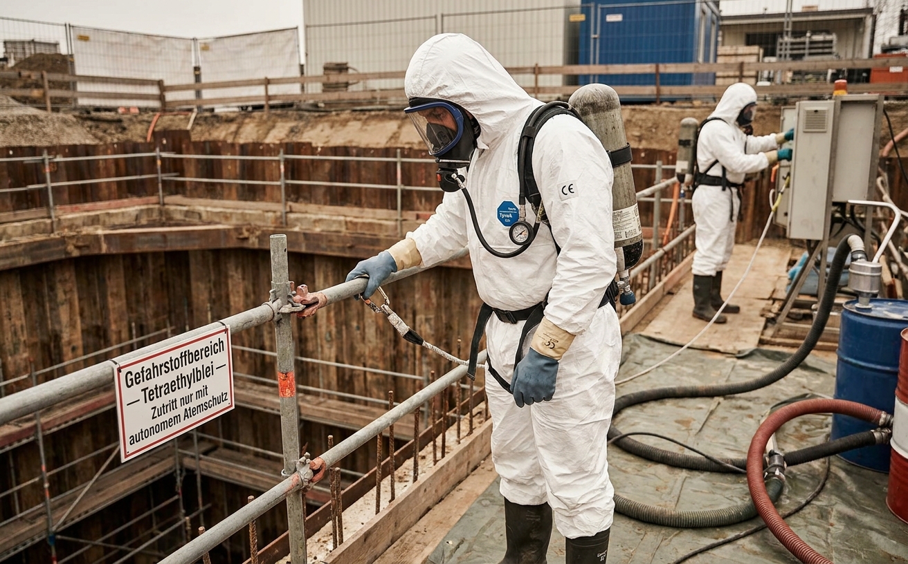 Sanierungsarbeiter im Tyvek-Vollschutz und Pressluftatemschutz bei Tankreinigung auf deutscher Tanksanierungsbaustelle
