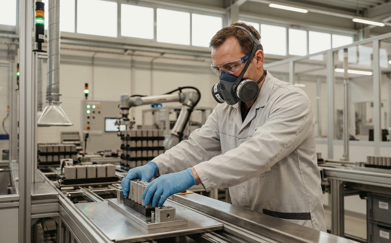 Produktionsmitarbeiter an automatisierter NiCd-Akku-Fertigungslinie mit P3-Halbmaske, Schutzbrille und Handschuhen in deutscher Akku-Produktionshalle