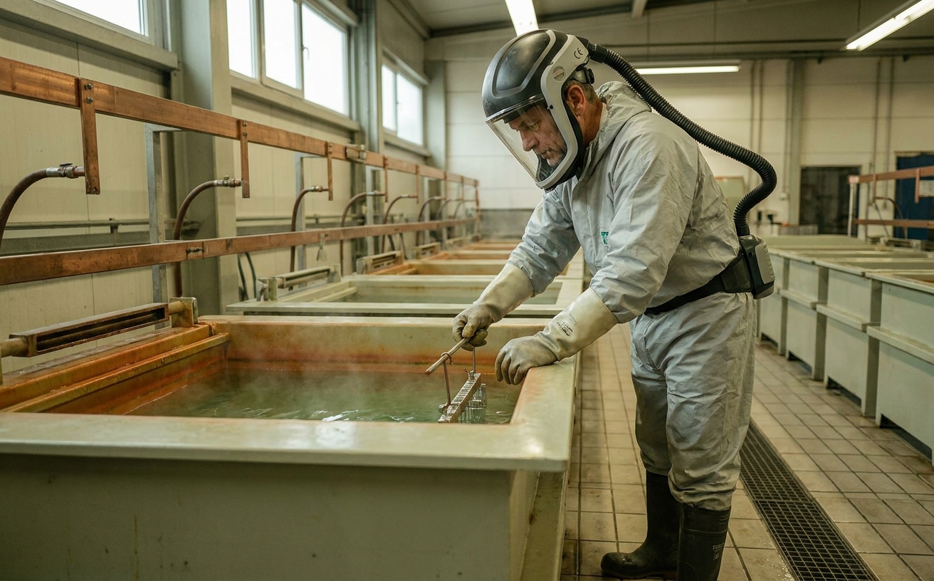 Galvaniseur in Vollvisier-Frischlufthelm und Säureschutzanzug am offenen Hartverchromungsbad einer deutschen Galvanik