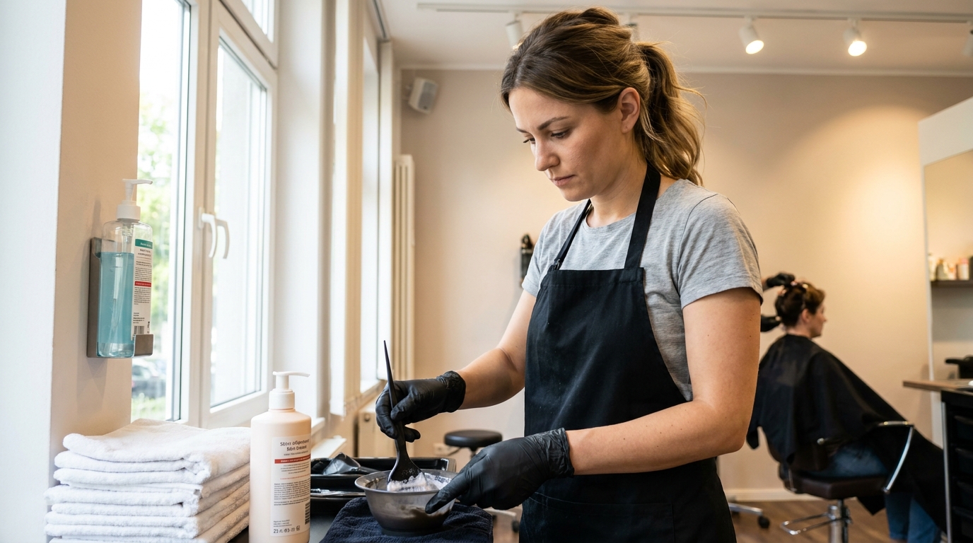 Friseurin in modernem Salon trägt Einmalhandschuhe beim Färben, vor ihr liegt ein Stapel frischer Handtücher zum Wäschewechsel